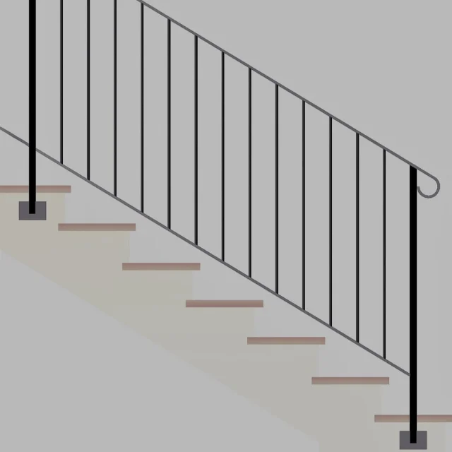SIllustrazione di una scala con corrimano e parapetto in metallo nero su fondo grigio